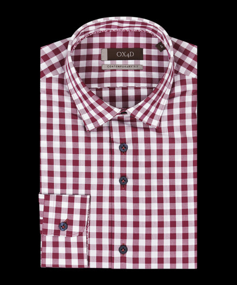 Bordeaux poplin geruit overhemd met donkere knoop